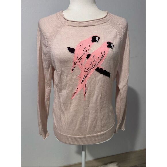 J. Crew pink parrot print 100% Merino wool pullover sweater S - Picture 2 of 8